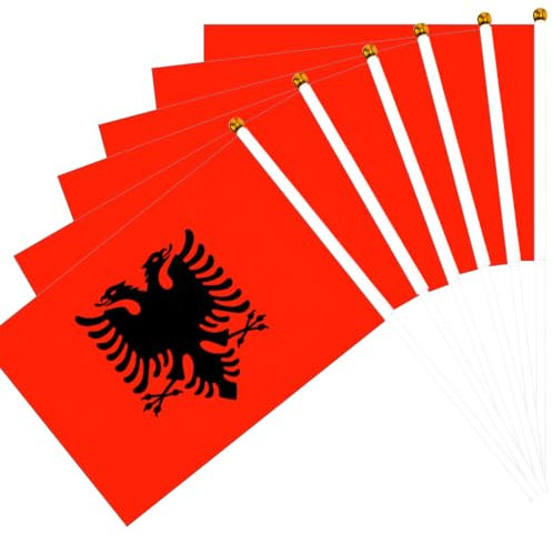 50 Bandiere Albanesi Sventolate A Mano Mini Mano Bandiera 14x21cm Bandiera Albanese Con 30cm Plastica Asta Di Bandiera Decorazione per le Vacanze