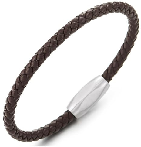 COOLSTEELANDBEYOND Minimalistischen Herren Damen Dünn Braun Geflochtenes Leder Armreif Schweißband Armband, Edelstahl Magnetverschluss