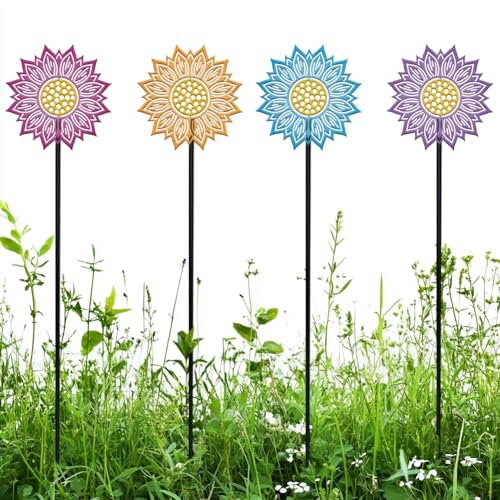 nbeads 4 STK. BLUMENNnngarten Pfähle Dekor, 4 Farben SonnenBLUMENNn Pfähle Ornamente Metall Rasen Ornamente Pfähle für BLUMENNnnstrauß Outdoor Indoor Yard Art Patio Plant Pot Home Decor, 60cm