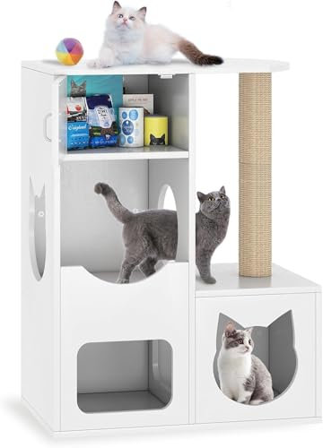 Katzen Kratzbaum, Katzenmöbel, Kratzbaum, Katzenhaus aus Holz, Katzenhaus, Katzenklo-Schrank, Katzentoilette, mit Separater Trennwand, mit Kratzbrett für Katzen, 62.5 x 40 x 82.4 cm, Weiß
