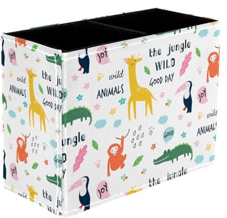 VAPOKF the Jungle Wild Animals Pen Holder for Desk, 2 Compartments Pen Pot Pencil Holders Makeup Brushes Storage Desktop Stationary Supplies Organiser for Home Office