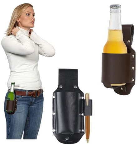 2 pièces,Support de Bière PU,Etui à bière,Étui à Bière en Cuir PU,Bière Holster,Support D'étui De Bière En Cuir PU,BBQ pour hommes, camping, cadeaux d'activités de plein air (noir, marron)