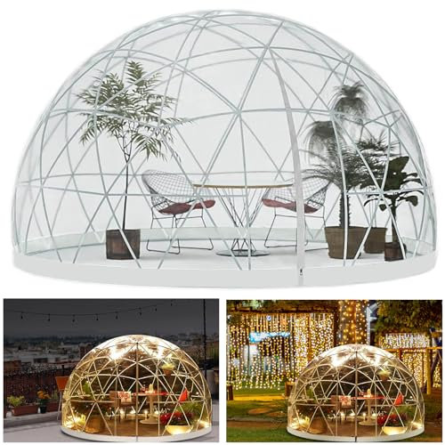3.6 x 2.2m Gewächshaus Gartenkuppel Iglu, PVC Blasenzelt für 4-8 Per, Gartenblasenzelt mit 2x10m Lichterketten, Durchsichtiges Kuppelzelt für Hinterhof, Weihnachten, Party