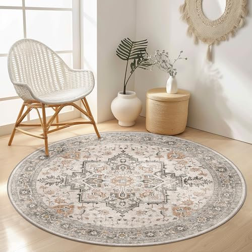 GENIMO Vintage Teppich Rund 160cm, Waschbare Teppiche, Boho Runder Teppiche, rutschfest Carpet, Bedruckter Teppich Schlafzimmer, Kinderzimmer, Beige