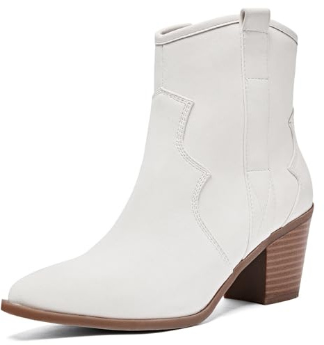 Ruiee Women's Cowboy Ankle Boots Western Cowgirl Chunky Heeled Booties, Classic Comfortable Casual Low Mid Heel Calf Short Boots for Women.