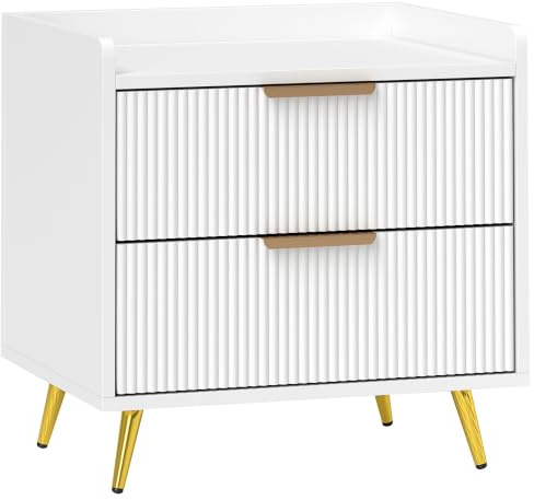 HOMCOM Bedside Table Bedside Cabinet with 2 Drawers Metal Legs White | Side End Table, Bedroom, Living Room