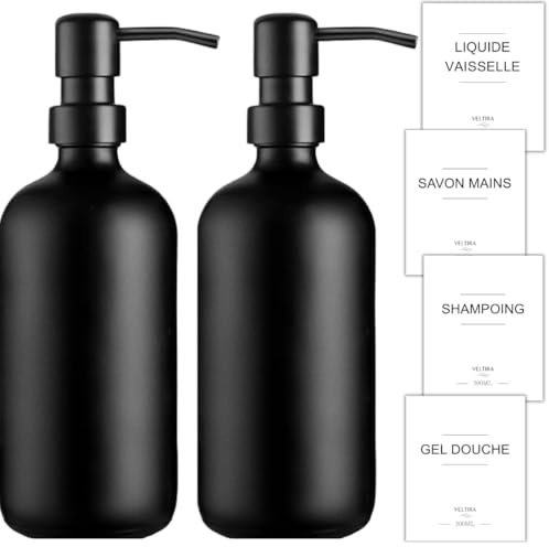 Distributeurs de Savon en Verre - Pack de 2 - Savon Mains - Liquide Vaisselle - Gel Douche - Shampoing - Plateau en Bois, Entonnoir Plastique, Etiquettes - Accessoires Salle de Bain Cuisine (Noir)