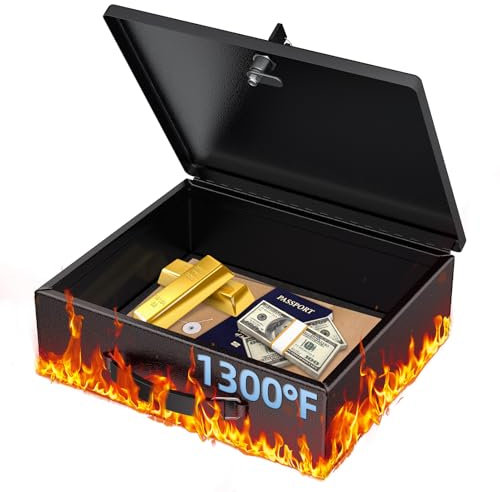 Uniclife Fireproof Document Box with Key Lock & Handle, 33 x 27 x 10 cm, Large Lock Box for A4 Paper, Water-Resistant Safe Box for Valuables, Passports & Cash, Portable Security Metal Chest