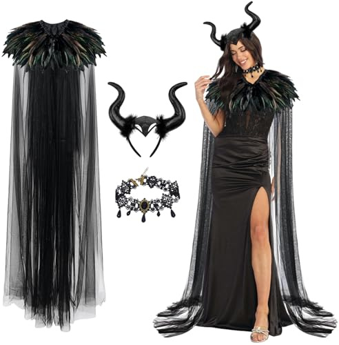 Maleficent Kostüm Damen, Halloween Kostüm Damen Maleficent, Schwarzer Tüll Umhang Lang mit Federkragen, Böse Königin Hörner, Gothic Feder Cape, Karneval Kostüm Fasching Halloween Cosplay Party