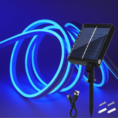 Wisada 24V Solar Neon Band,Solarbetriebene 8 Modi SMD2835 LED Stripe，Cuttable 5cm,120LEDs/m Flex Neon LED Streifen für Terrasse, Innenhof(Blau,2m)