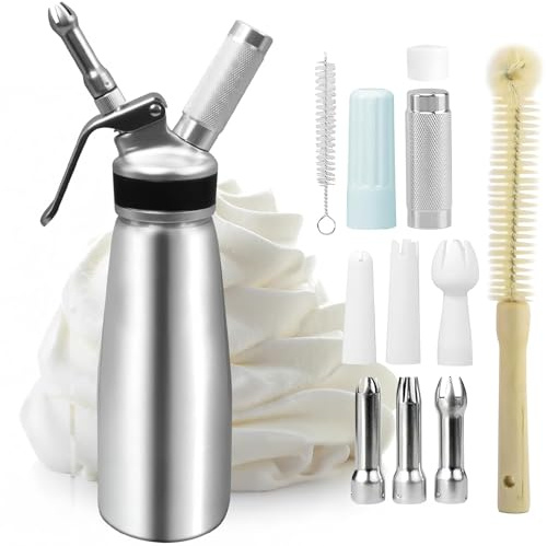 Siphon à Chantilly 500 ml en Aluminium, Distributeur de Crème Fouettée | Kit avec 3 Douilles Inox, 3 Douilles Plastique et 2 Brosses pour Gâteaux, Mousses, Desserts et Cafés