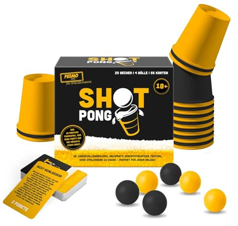 CRAZE Magic Slime Pasmo Shot Pong – Trinkspiel & Beer Pong Set mit 55 Karten, 20 Bechern & 4 Bällen – Lustige Partyspiele ab 18 für Erwachsene, JGA Spiele & Mädelsabend