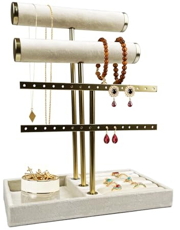 SOSOLOVE Organisateur de Bijoux à 4 Niveaux, Porte Bijoux Beige, Amovible en T Support de Bracelet, Présentoir de Boucles D'oreilles en Velours, pour Bracelets, Colliers, Montres, Bagues