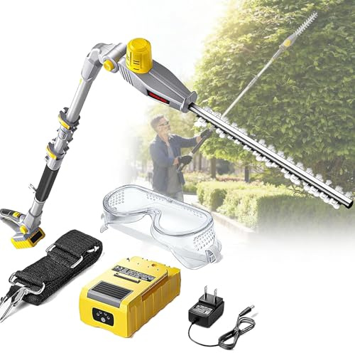 YANGYMM Elektro Teleskopheckenschere, Akku-Heckenschere mit Teleskopstange, mit Doppelklingen, Verstellbarem Trimmer, für Hecken, SträUcher und ÄSte