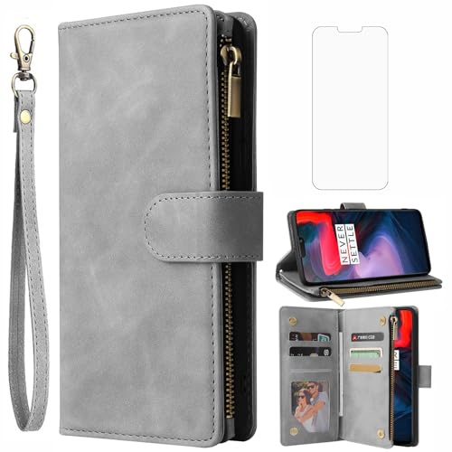 Asuwish Coque pour OnePlus 6 Portefeuille avec Verre Trempé et Porte Carte Chaine PU Cuir à Clapet Étui Housse Support OnePlus6 A6003 Téléphone Case Femme Vitre Protection Protege Ecran Homme Gris