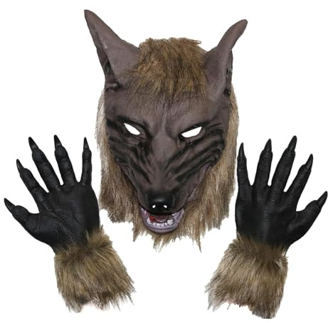 KiBcsLic Wolfsmaske Als Gruselige Horrormaske Wiederverwendbare Verkleidungsmaske Und Tierkopfbedeckung für Ein Werwolf Kostüm für Erwachsene bei Theaterauffü, Maske Und Handschuhe