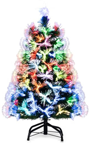 GYMAX 90 cm künstlicher Weihnachtsbaum, Tannenbaum mit langsam blinkenden mehrfarbigen Glasfasern, 96 PVC-Zweigspitzen & Stern, Mini-Weihnachtsdekoration, Christbaum mit Beleuchtung für Terrasse