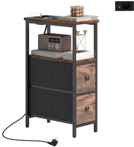 HOMCOM Couchtisch Beistelltisch mit Ladestation Schmal Rustikal-Braun | Stahlrahmen, Wohnzimmertisch, 2 Stoffschublade, Offenes Fach, Steckdose, USB- und USB-C-Anschlüssen, Für Kleinen Raum