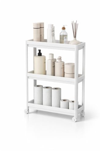 sugodesign Schmaler 3-stöckiger Rollwagen Organizer mit Rollen, Küchen- und Bad-Aufbewahrung für kleine Räume und Nischen, Weiß, Grau und Schwarz (weiß)
