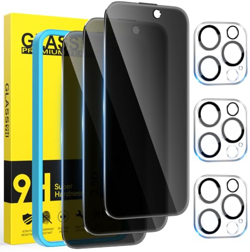Niphabe Privacy Screen Protector for iPhone 15 Pro Max, 3+3 Pack | 9H Hardness,Anti-Spy,Tempered Glass,with Camera Lens Protector, Easy Installation Tool, Anti-Shatter,Anti-Scratch