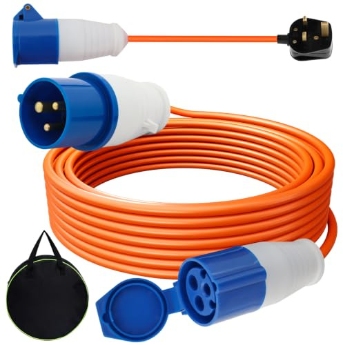 15M Caravan Hook Up Cable Kit, 16A 240V Heavy Duty Extension Lead with 0.4M 3-Pin UK Plug Adapter, IP44 Waterproof Outdoor Cable for Campervans, Motorhomes & Caravans