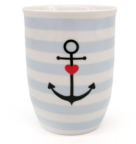 Mea-Living Tasse mit Henkel ANKER blau weiß gestreift, 500ml, Becher mit Bild, Geschenkidee für Freund, Motivtasse, Nordisch