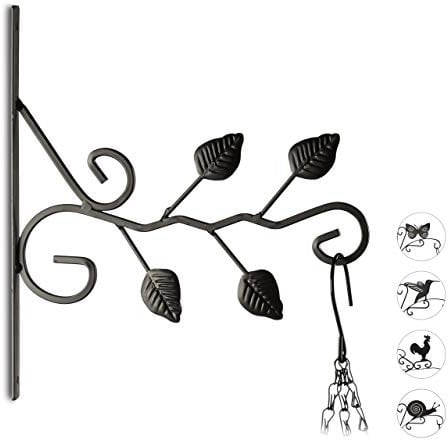 Relaxdays Gancho para macetas hojas, gancho de pared para cestos, decoración de jardín, metal, 30 x 28 x 2 cm, negro
