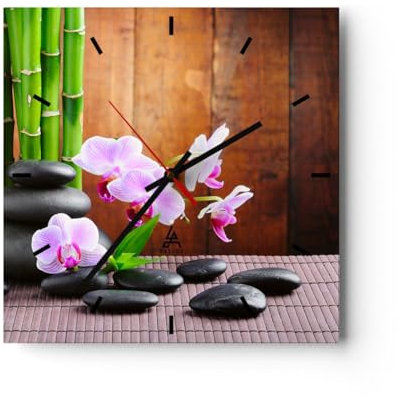 Modern Wanduhr Bambus Dekoration Blume Orchidee 30x30cm Quadrat Klein Wand Uhr Glas Analog Zimmeruhren Küche Büro Wohnzimmer Glasuhr Wall Clock Dekoration Design Küchenuhr C3AC30x30-2167