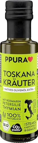 PPURA Bio Natives Olivenöl Extra Toskana Kräuter | Italienisches Oliven Öl mit Rosmarin, Petersilie & Thymiam | 100% Natürlich, Ohne Zusatzstoffe und Aromen | Kaltgepresst & Lichtgeschützt | 100ml