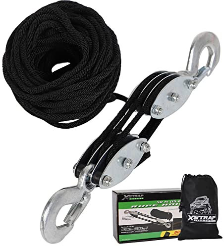 XSTRAP STANDARD Polipasto de cuerda resistente de 2 libras de resistencia a la rotura de 50 pies, bloque de carga de trabajo de 1000 libras y sistema de polea de aparejos para levantar objetos pesados