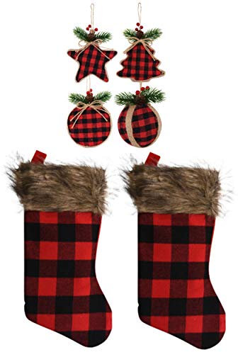 Farmhouse Decor Buffalo Plaid Weihnachtsstrümpfe und Ornamente 6-teiliges Set Rot und Schwarz kariert Waldstil (2 Strümpfe & 4 Ornamente)