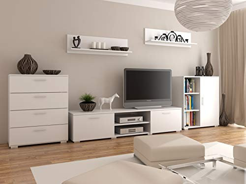 Per la vita Schrankwand Weiß Szopen 2 – Modernes Regalwohnzimmer Set in Weiß - Möbel Modern mit integriertem Wohnzimmerschrank, TV Schrank, Sideboard & Wandregal