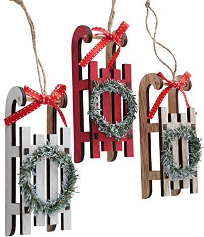 3 STK Christbaumschmuck Schlitten BB833 rot braun Weiss Anhänger 13x4cm Holzschlitten Baumschmuck Nostalgie Alpen Winter Ski Fahren Chirstbaumdeko Hänger