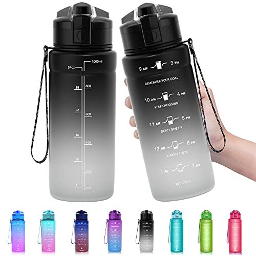 Zounich Sports Water Bottle Kids with Times to Drink Leakproof 1L / 700ml / 500ml 1Litre Drink Bottles BPA Free Motivational Adults, Gym, School, Running, Travel, Girls, Boys Filter Reusable