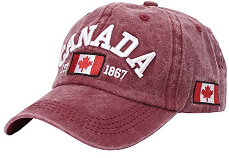 Foetest Verstellbare Kappe Baumwolle Hut Baseballkappe Kanada Kappe Hut Flagge Kappe Casual Kopfbedeckung Stickerei, weinrot, Einheitsgröße