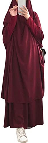 Onsoyours Damen Muslimisches Zweiteiliges Gebetskleid Maxi Kleid für Frauen Abaya Kleid Islamischer Naher Osten Dubai Türkei Abaya Kaftan Länge Hijab Kleid A Weinrot Einheitsgröße