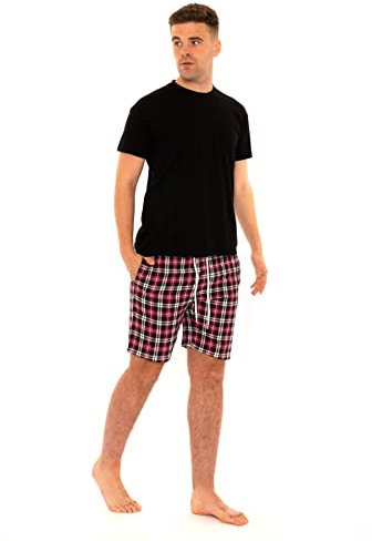 Pigiama da uomo tessuto 100% cotone PJ Set manica corta girocollo lusso Lounge Top morbido Check Shorts 2 pezzi Nightwear Set, rosa, XL