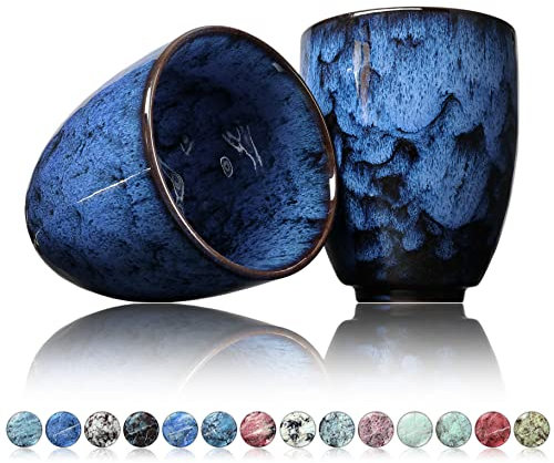 Ganzoo Tazza da caffè in ceramica, design senza manico, 200 ml, set da 2 pezzi, tazza da caffè, tazza da tè, tazza con motivo moderno, pezzi unici colorati (cobalto)