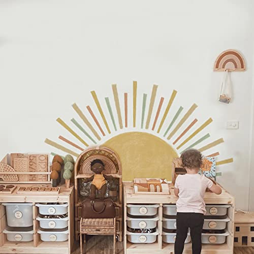 astrkiz Wandtattoo Sonne Selbstklebend Wandaufkleber Boho sonne aufkleber groß Wandsticker Sonne Wandtattoo für Kinder Mädchen Junge Kinderzimmer Babyzimmer, Boho blaue Halbsonne 122 x 63 cm