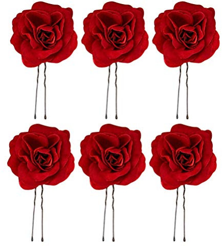 6 Pièces Fleur Pinces à Cheveux pour Femmes Rouge Rose Fleur Bâtons de Cheveux Mariée Demoiselle D'honneur Tête Accessoire en Forme de U Cheveux Griffes pour La Fête