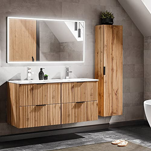 Lomadox Badezimmermöbel Badmöbel Komplett Set, Wotaneiche Rillenoptik, 120cm Waschtisch mit Unterschrank & LED-Spiegel, Hochschrank, B/H/T 170/200/46 cm