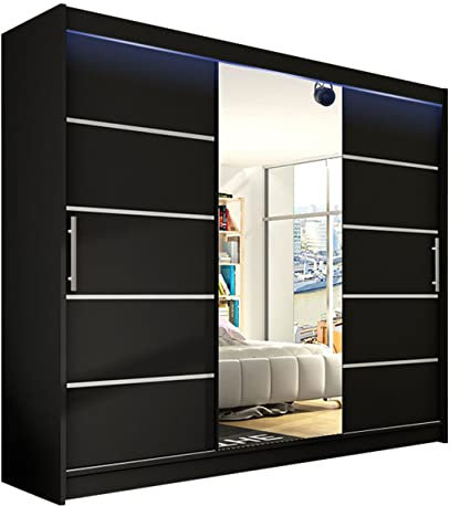 Mirjan24 Schwebetürenschrank Aston VI mit Spiegel, Kleiderschrank, Garderobe, Schlafzimmer, Schiebetürenschrank, Schlafzimmerschrank (Schwarz, mit RGB LED Beleuchtung)