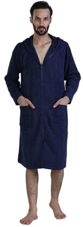 ALLEN & MATE 100% BAUMWOLLE Unisex-Bademantel mit Kapuze für Erwachsene – Komfort-Badetuch mit Reißverschluss – Ideal für Männer und Frauen (XL, Marineblau)