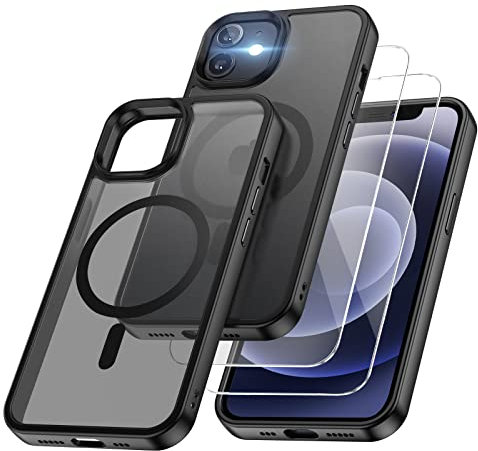 XINKAE Handyhülle für iPhone 12 Hülle mit Magsafe, Hülle iPhone 12/12 Pro mit Schutzglas, Militärqualität Handy Schutzhülle [stoßfest] [magnetisch] für Apple iPhone 12/ 12Pro Cover Case. Matt Schwarz