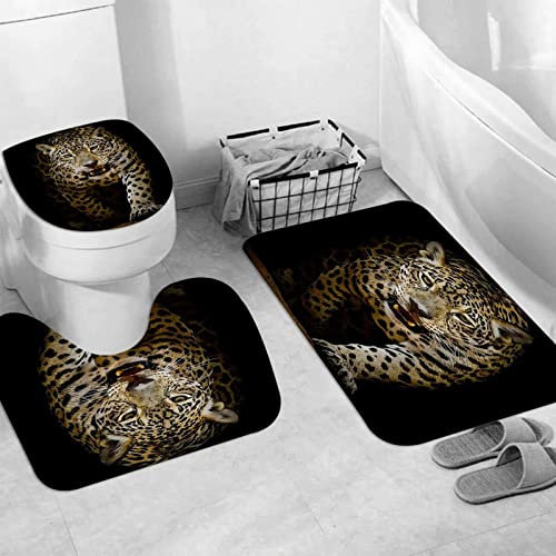 JIFOME Badteppich 3 Stück Weiche saugfähige Badematten,Sneaks and Walking Leopard World Mächtiges Raubtier,rutschfeste Badematte Teppiche & Toilettendeckelabdeckung Set Waschbar