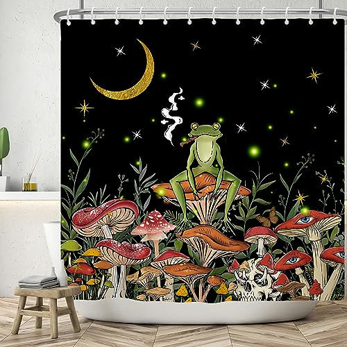 ASDCXZ Lustig Duschvorhang 180x180 cm, Lustig Frosch Rauchen Pilz Gold Mond Stern Schwarz Bad Waschbar Duschvorhänge Polyester Textil Wasserdicht Badevorhang für Badewanne mit 12 Haken