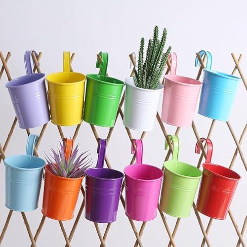 Bafnsiji 12 PCS Métal Fer Mur Suspendus Pots De Fleurs, Suspendu Planteur pour Clôture Garde-Corps, Métal Fer Seau Planteur Plantes Pots sans Drainage Trou