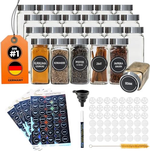 Cuccinara® 24 Gewürzgläser Eckig 120ml mit 210 Etiketten, Edelstahldeckel & Streueinsätzen (grob & fein) - Luftdichte Gewürzdosen inkl. Trichter, Permanentmarker & Bürste - Spülmaschinenfest