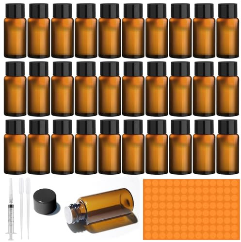 Amentalove 30PCS 5ml Flacon Huile Essentielle Vide, Flacons pour Huiles Essentielles, Mini Bouteilles en Verre avec Autocollant de Seringue Pipette, Mini Flacons pour Huile Essentielle Spa Massage