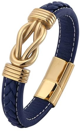 Wycian Männer Armband Vergoldet, Man Armband Lederarmband mit Quadratischem Knoten 18.5CM Rostfreier Stahl für Männer Frauen